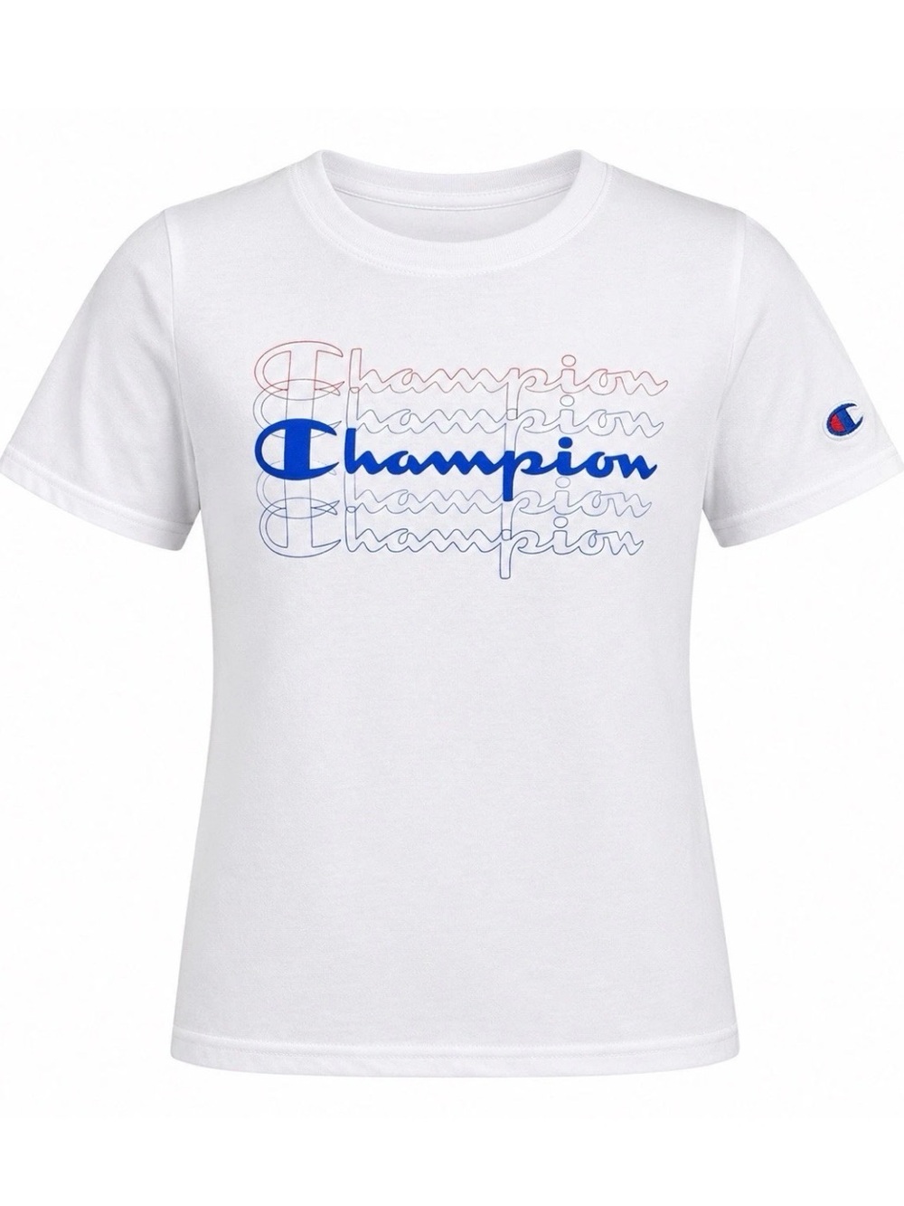 Champion Boys 7 Logo Graphic T-Shirt White Short Sleeve NWT Red Blue